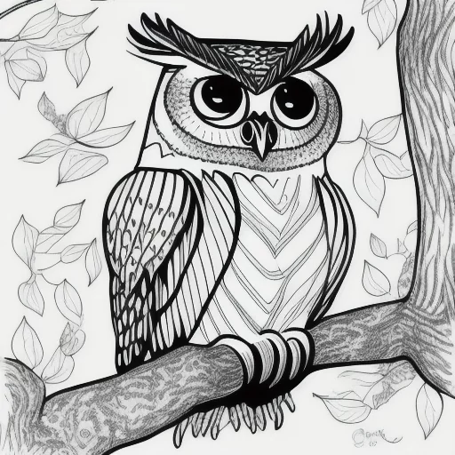 3706654087-hand drawn owl in a tree coloring page black and white.webp